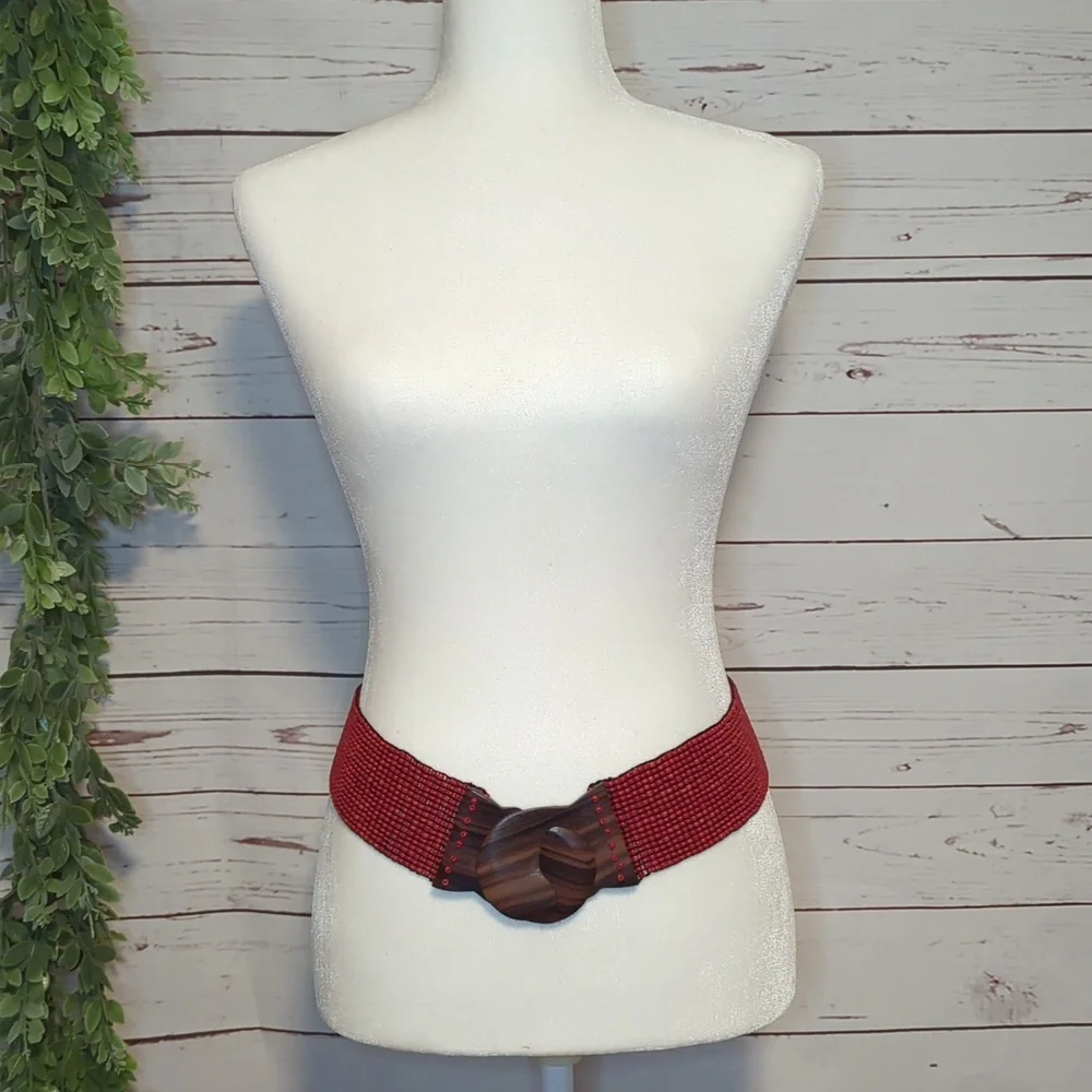Vtg Glass Bead Wood Stretchy Elastic Belt Burnt Orange‎ Belt Women OS Bohemian